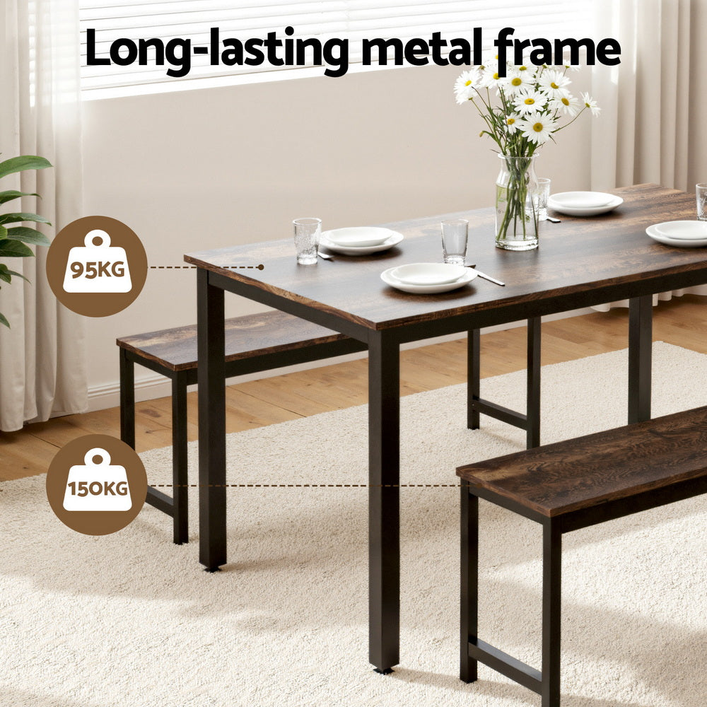 Dining Table + Chairs Set 3pc | Bench Seating | Metal Frame | Dark Walnut