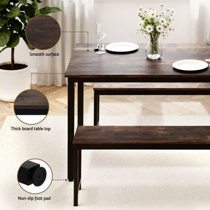 Dining Table + Chairs Set 3pc | Bench Seating | Metal Frame | Dark Walnut