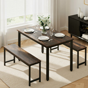 Dining Table + Chairs Set 3pc | Bench Seating | Metal Frame | Dark Walnut