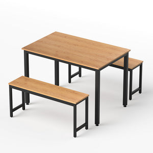 3pc Dining Set | Table + Bench Seats | Metal Frame | Natural Oak