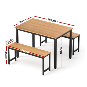 3pc Dining Set | Table + Bench Seats | Metal Frame | Natural Oak