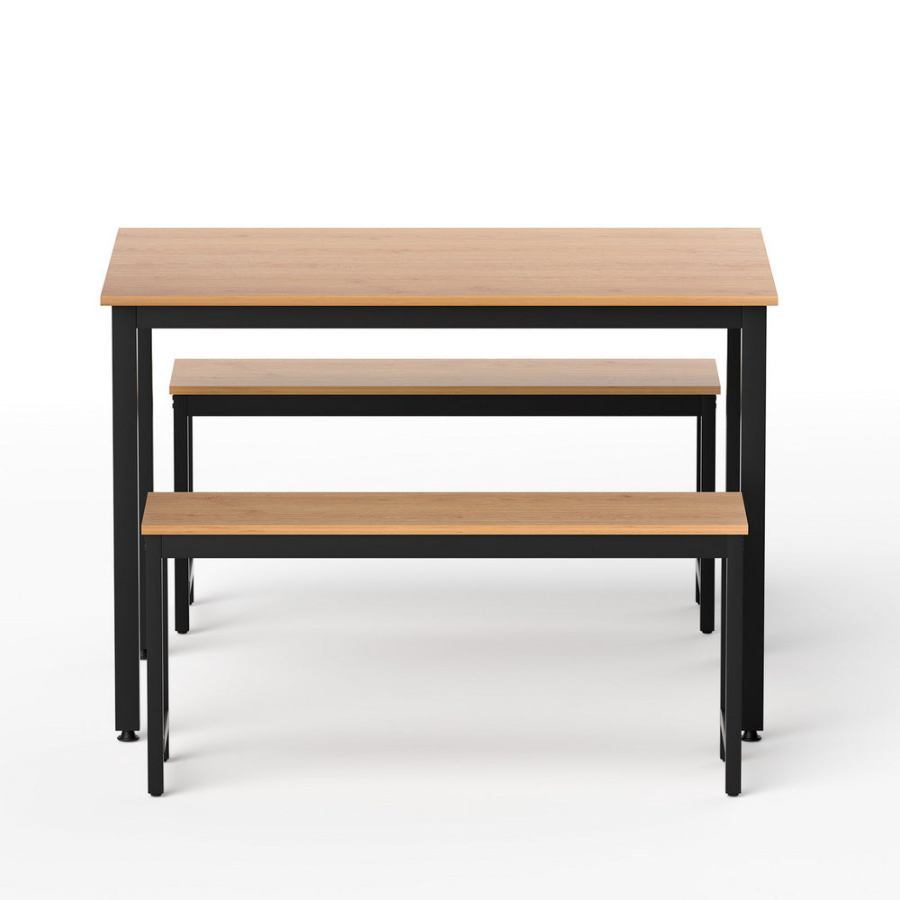3pc Dining Set | Table + Bench Seats | Metal Frame | Natural Oak