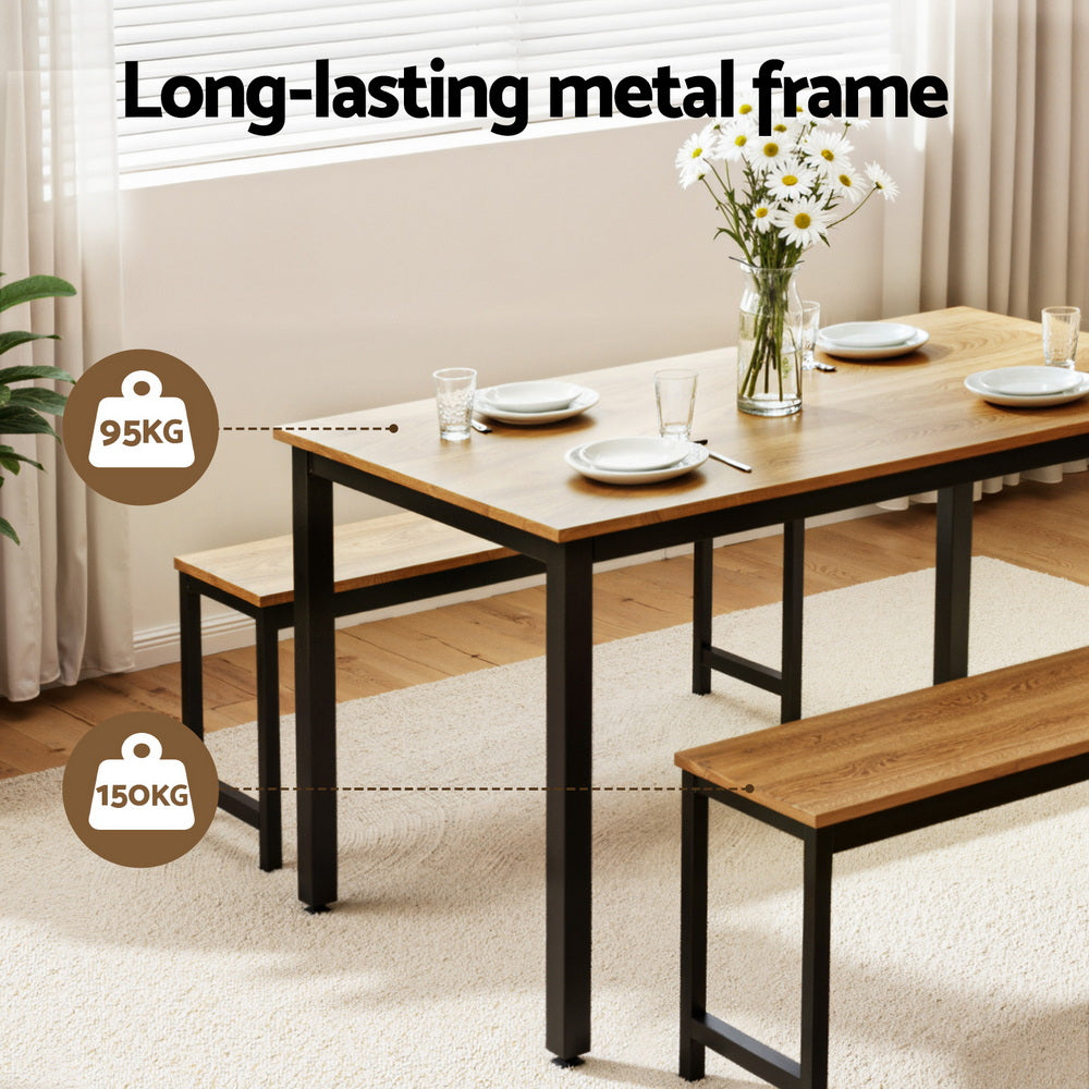 3pc Dining Set | Table + Bench Seats | Metal Frame | Natural Oak