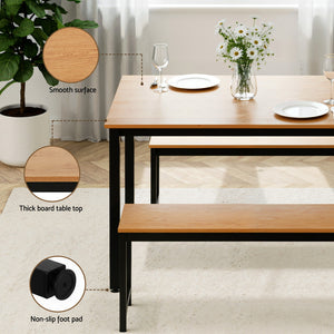 3pc Dining Set | Table + Bench Seats | Metal Frame | Natural Oak