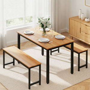 3pc Dining Set | Table + Bench Seats | Metal Frame | Natural Oak