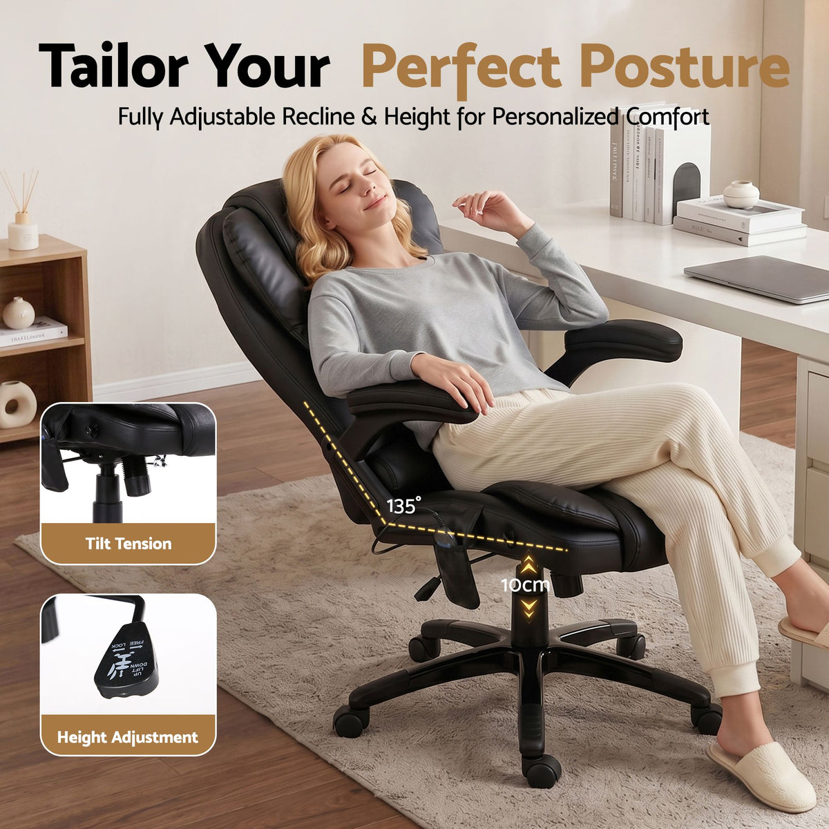 8 Point Massage Office Chair | Heated Seat Recliner | PU | Black