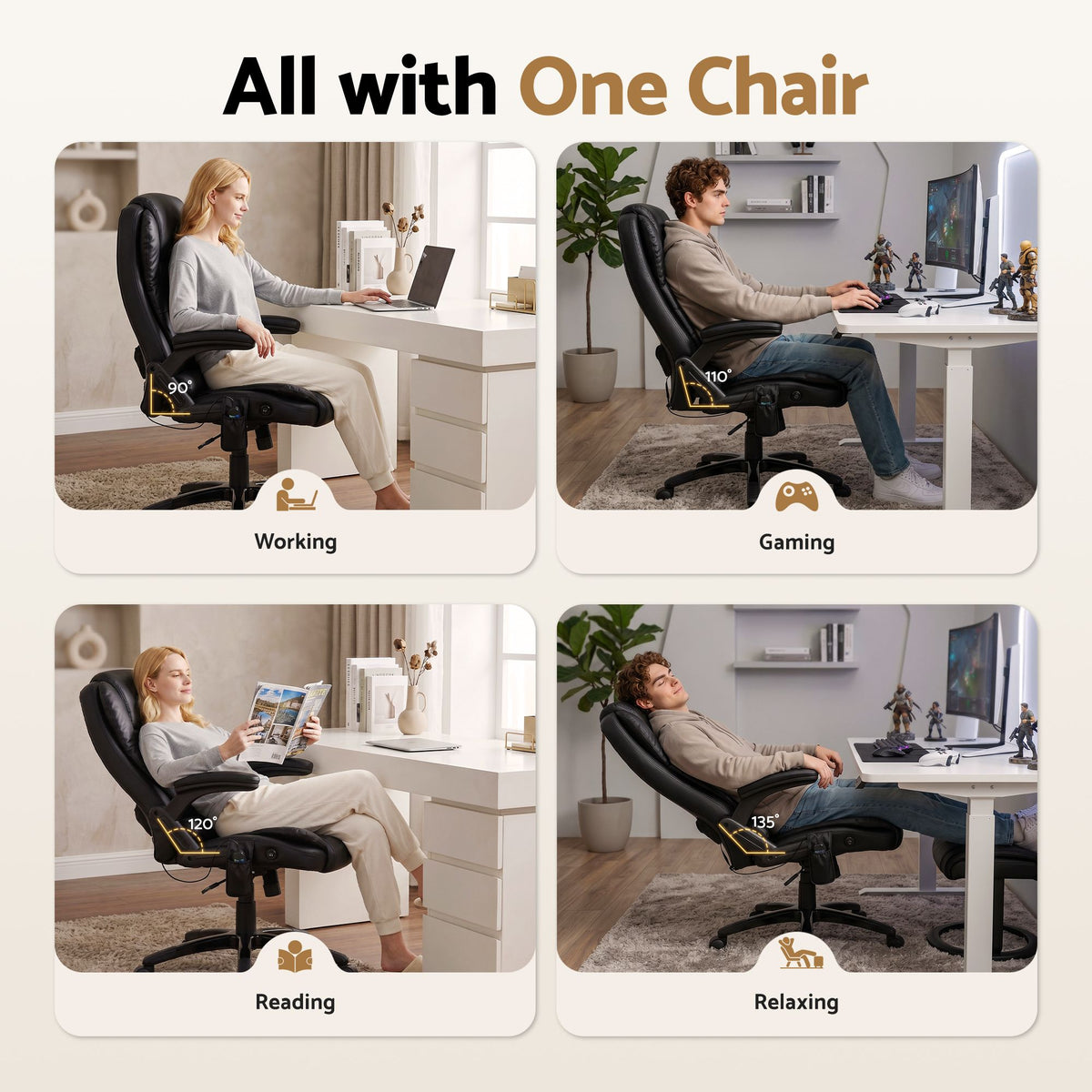 8 Point Massage Office Chair | Heated Seat Recliner | PU | Black