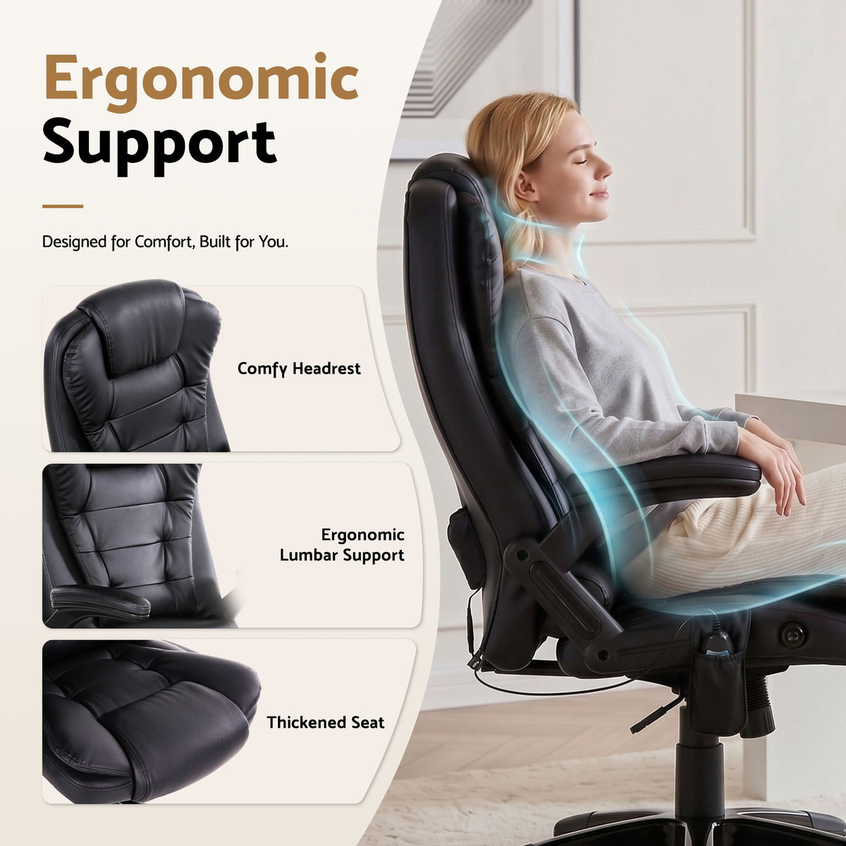 8 Point Massage Office Chair | Heated Seat Recliner | PU | Black