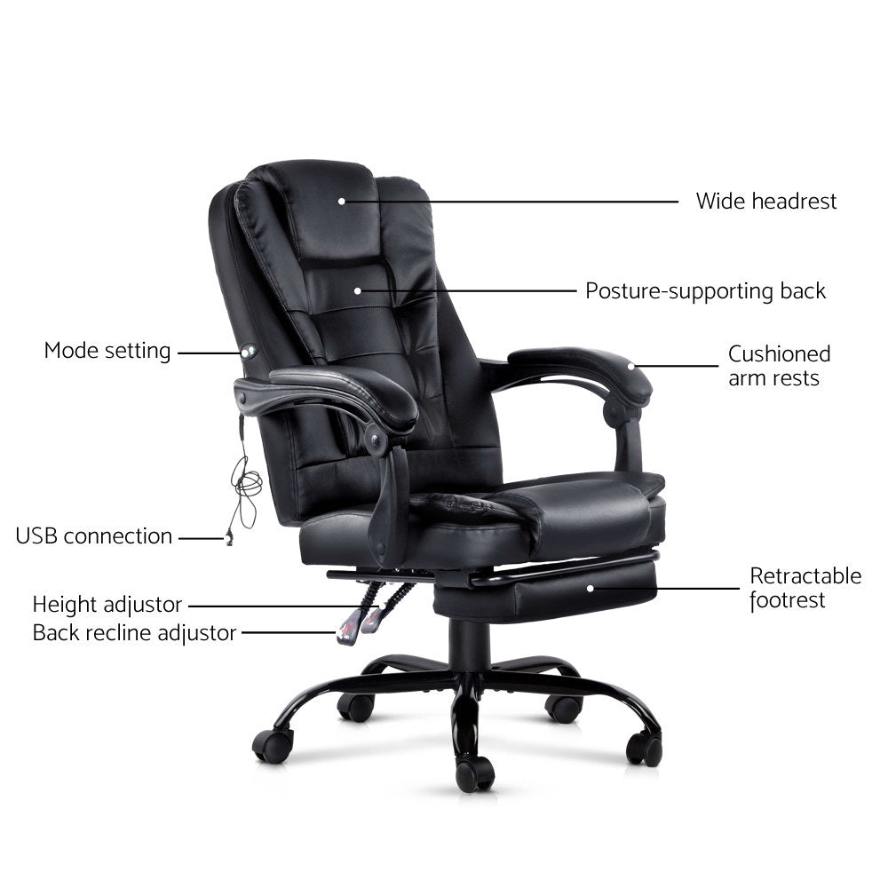 2 Point Massage Office Chair | PU Leather | Footrest | Black