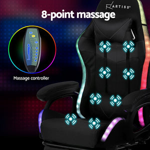 Gaming Office Chair | RGB LED + Massage | Footrest | Black