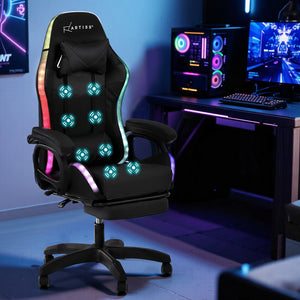 Gaming Office Chair | RGB LED + Massage | Footrest | Black