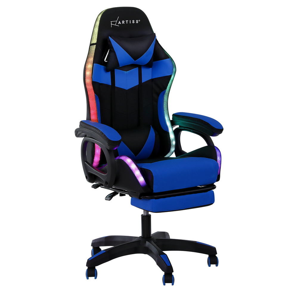 RGB Gaming Chair | Massage + Footrest | 12 LED Modes | Blue