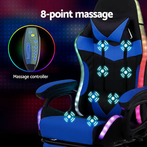 RGB Gaming Chair | Massage + Footrest | 12 LED Modes | Blue
