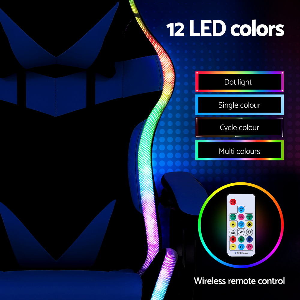 RGB Gaming Chair | Massage + Footrest | 12 LED Modes | Blue