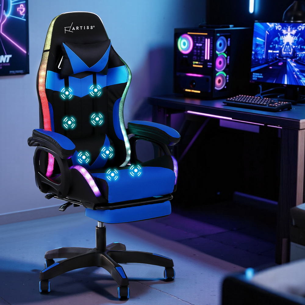 RGB Gaming Chair | Massage + Footrest | 12 LED Modes | Blue