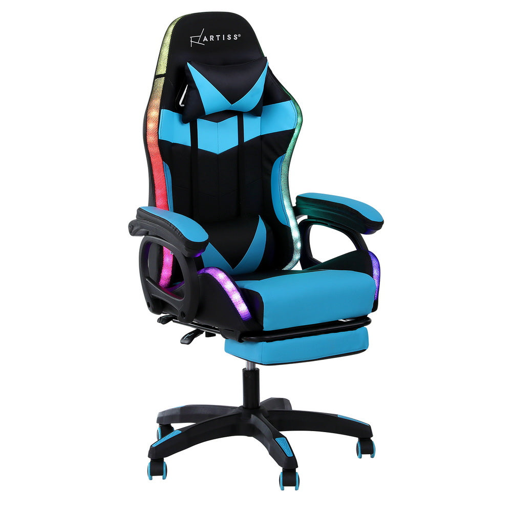 LED Gaming Chair | Massage Function | Footrest Included | Cyan