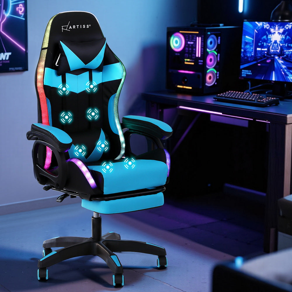 LED Gaming Chair | Massage Function | Footrest Included | Cyan