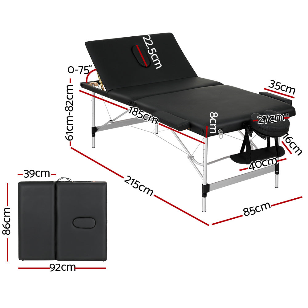Zenses | Massage Table | 85cm Portable | 3 Fold | Aluminium Beauty Bed | Black