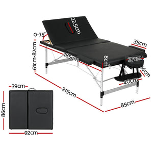 Zenses | Massage Table | 85cm Portable | 3 Fold | Aluminium Beauty Bed | Black