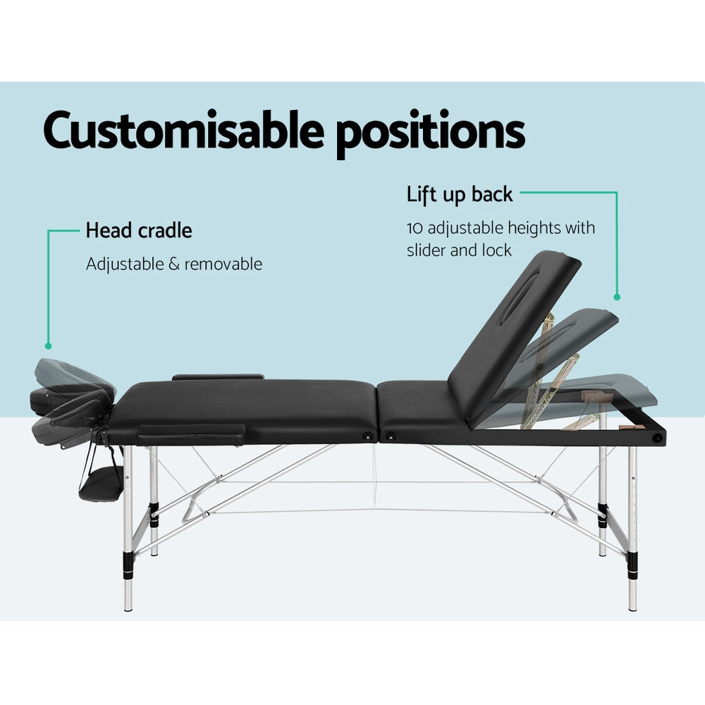 Zenses | Massage Table | 85cm Portable | 3 Fold | Aluminium Beauty Bed | Black