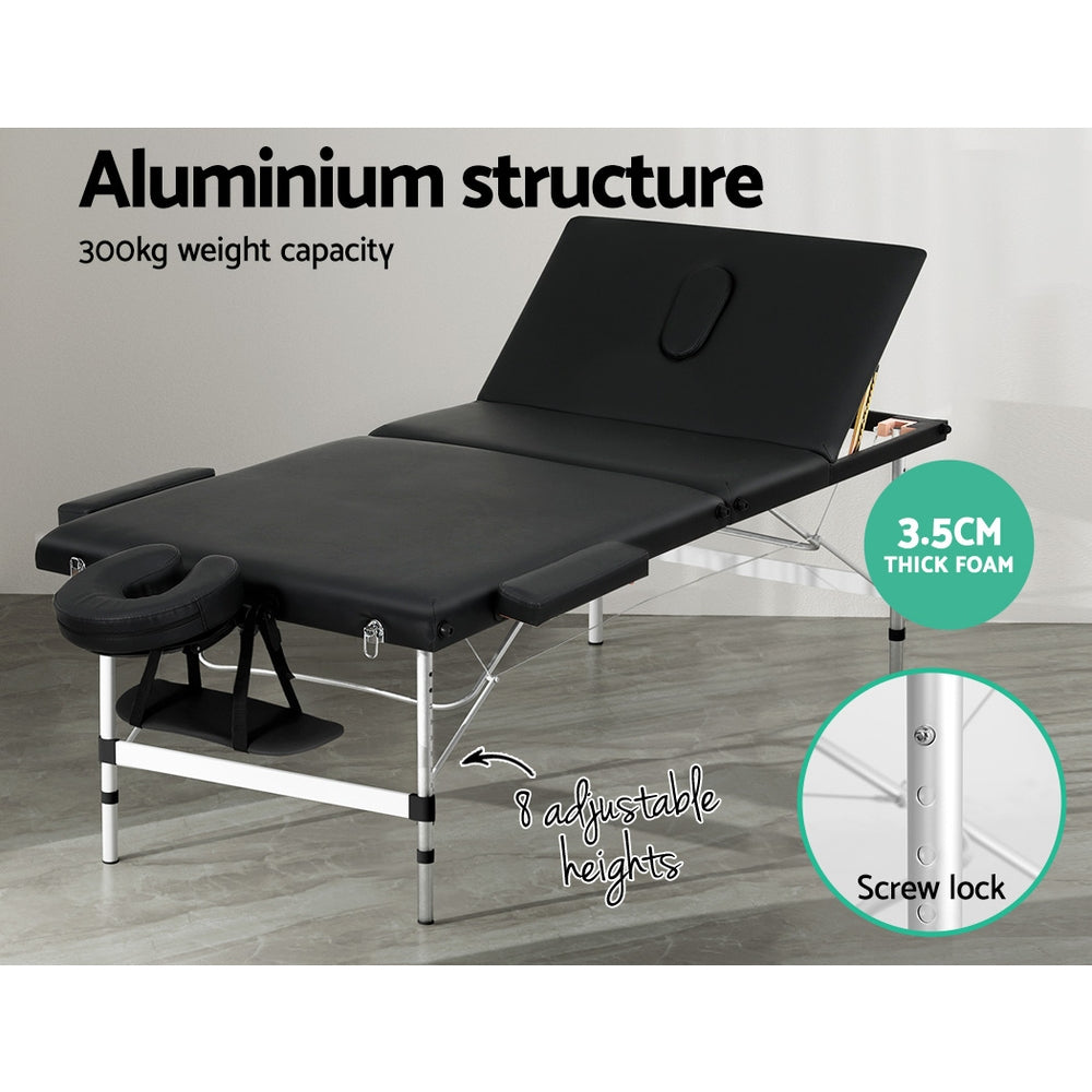 Zenses | Massage Table | 85cm Portable | 3 Fold | Aluminium Beauty Bed | Black