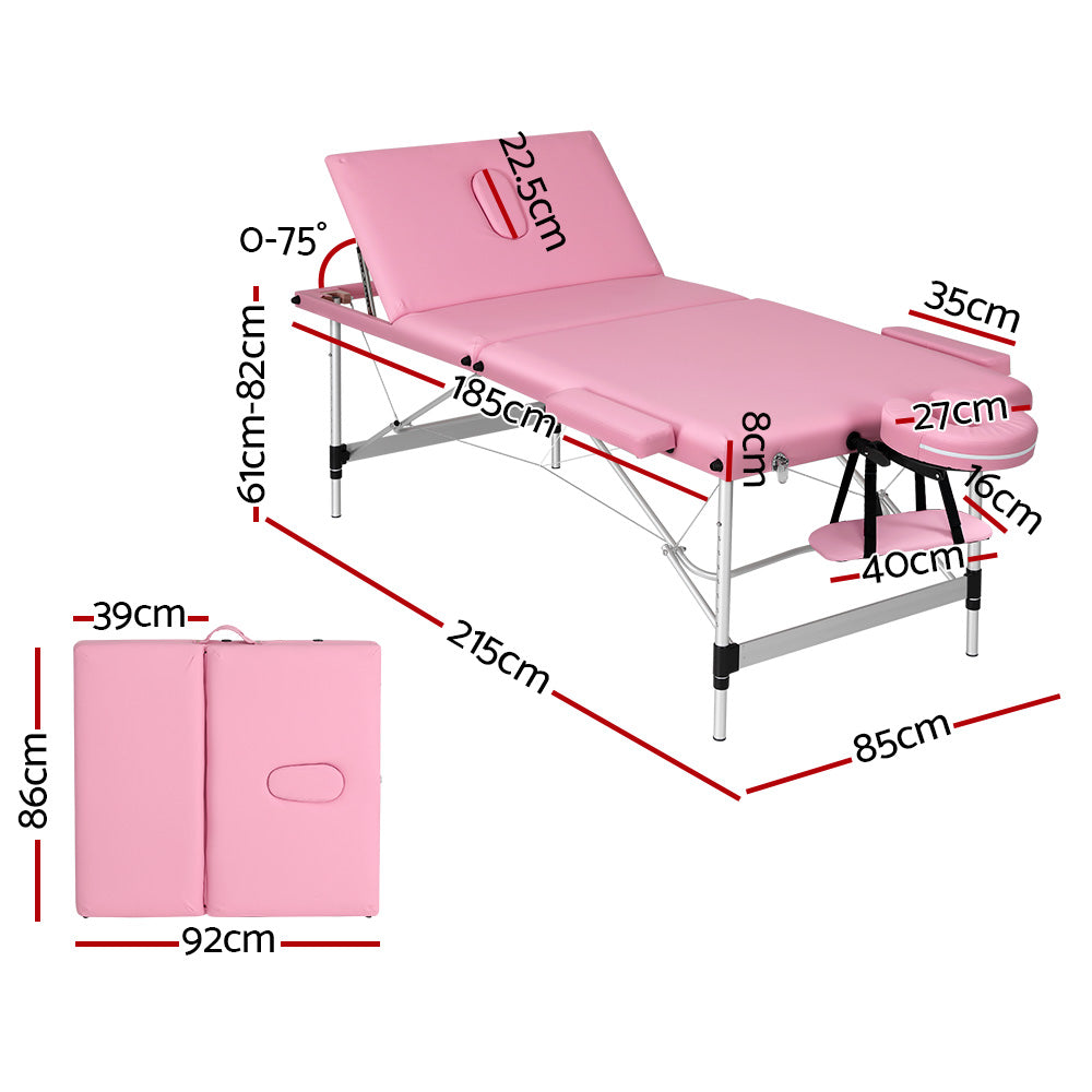 Zenses | Massage Table | 85cm Portable | 3 Fold | Aluminium Beauty Bed | Pink