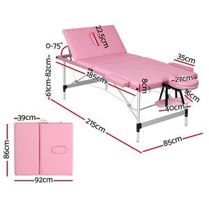 Zenses | Massage Table | 85cm Portable | 3 Fold | Aluminium Beauty Bed | Pink