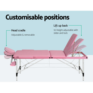 Zenses | Massage Table | 85cm Portable | 3 Fold | Aluminium Beauty Bed | Pink