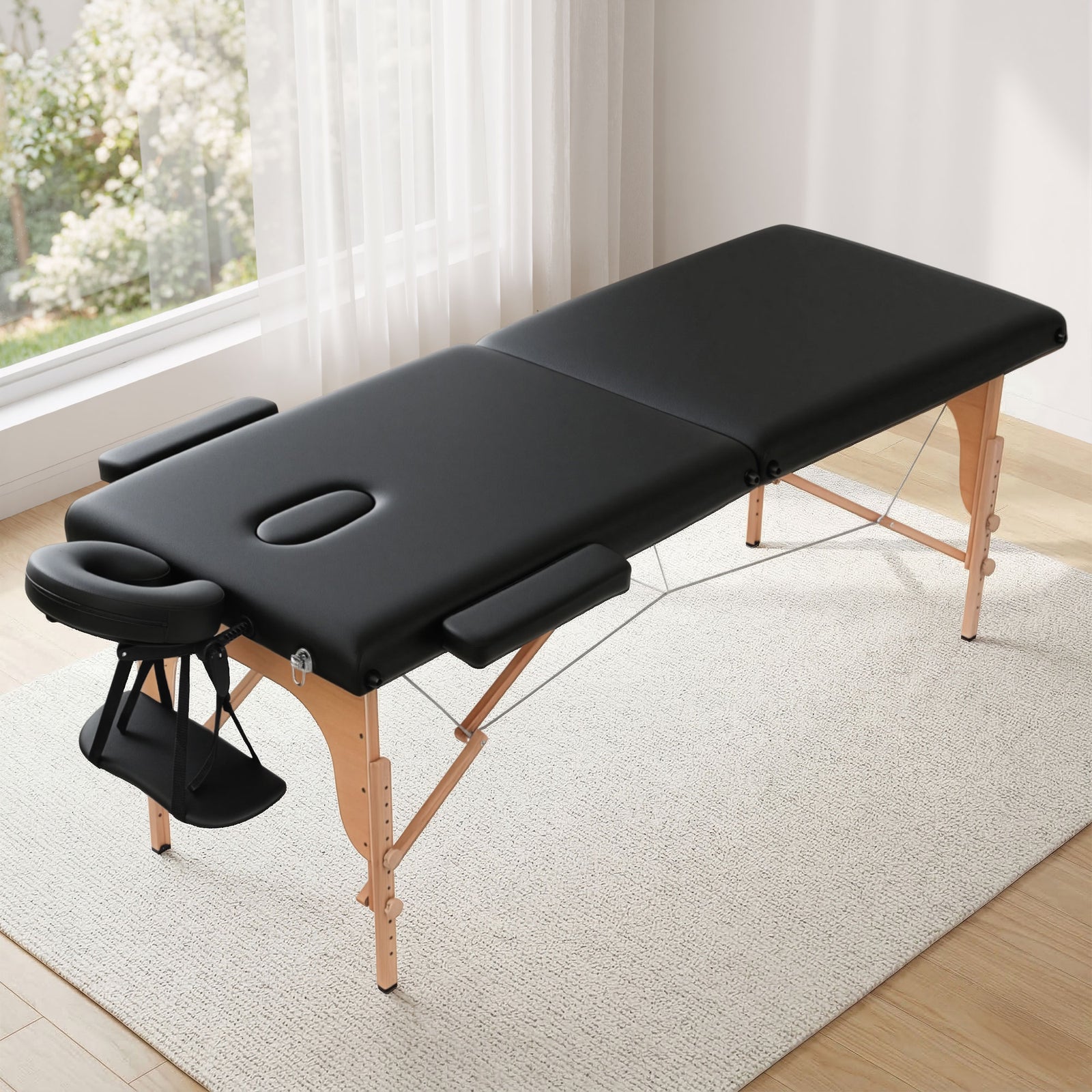 Portable Massage Table | 70cm 2-Fold Wooden Therapy Bed | Black
