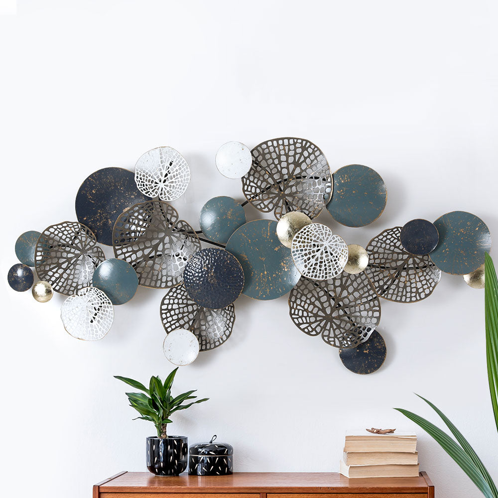 Metal Wall Art | Hanging Sculpture | 132cm | Home Decor | Leaf Circles | Blue