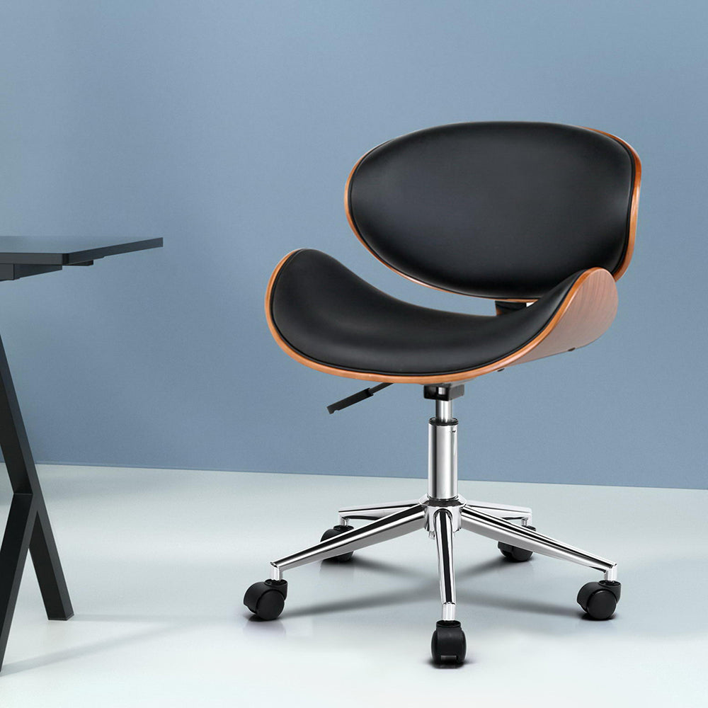 Wooden Office Chair | Leather Seat | Black