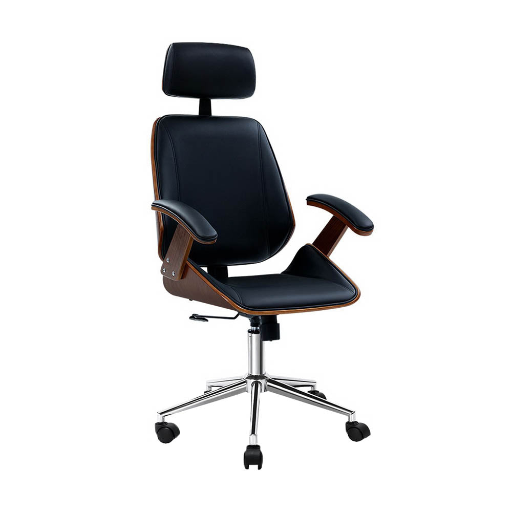 Wooden Office Chair | Leather Seat | Black