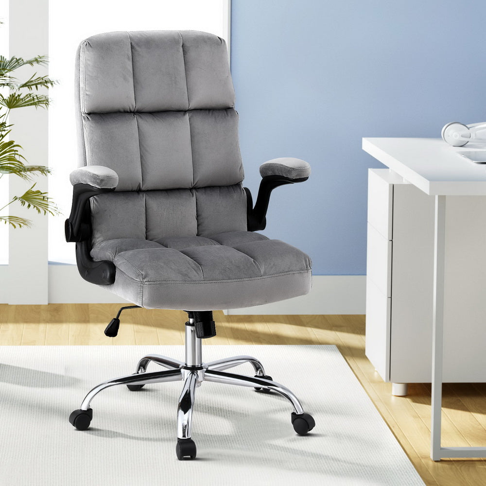 Office Chair | Velvet Seat | Racing Gaming Computer Desk Chair | Armrests | Grey