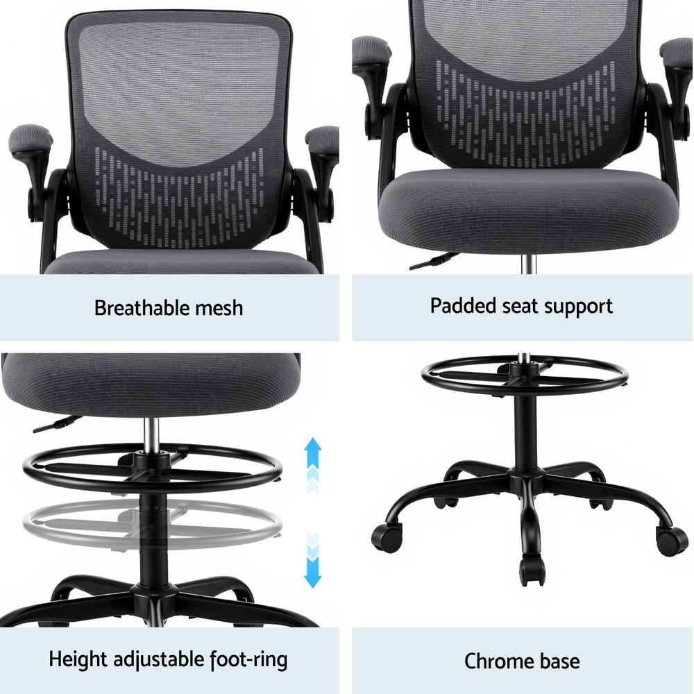 Office Drafting Chair | Adjustable Stool | Computer Desk | Studio Chair | Mesh | Grey