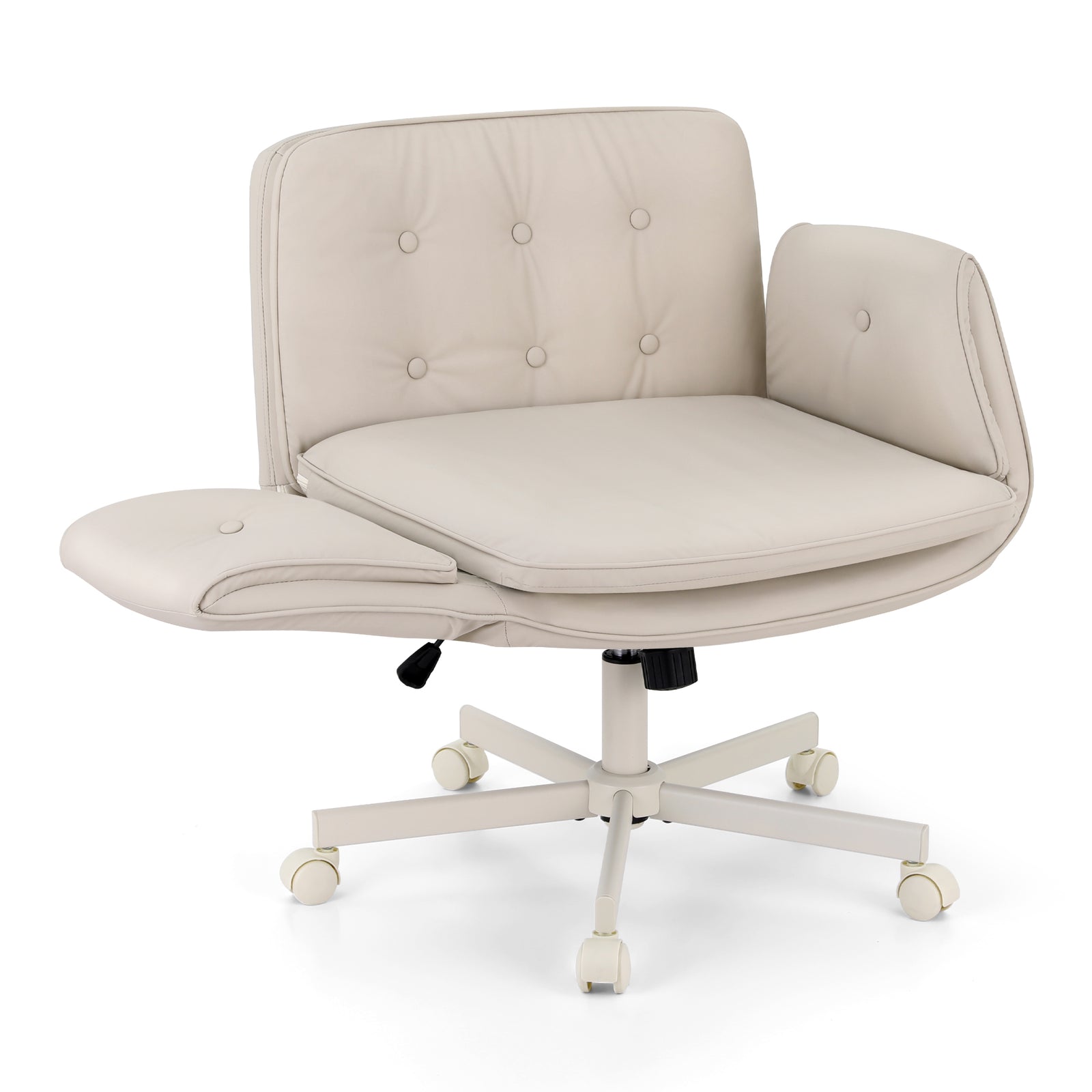 Cross-Legged Desk Chair | Wheels + Armrests | PU Leather | Swivel | Beige
