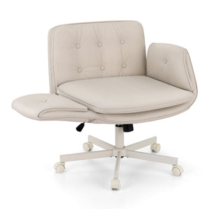 Cross-Legged Desk Chair | Wheels + Armrests | PU Leather | Swivel | Beige