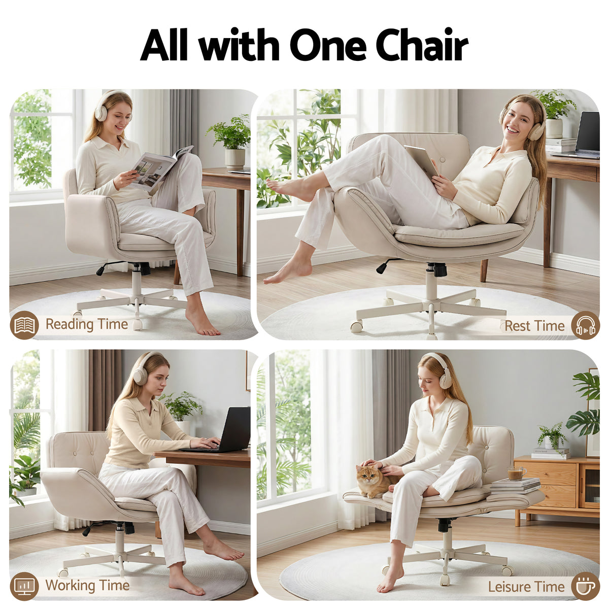 Cross-Legged Desk Chair | Wheels + Armrests | PU Leather | Swivel | Beige