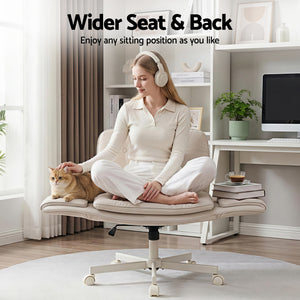 Cross-Legged Desk Chair | Wheels + Armrests | PU Leather | Swivel | Beige