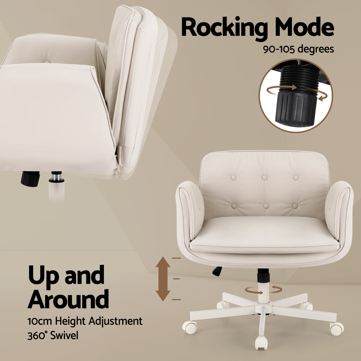 Cross-Legged Desk Chair | Wheels + Armrests | PU Leather | Swivel | Beige
