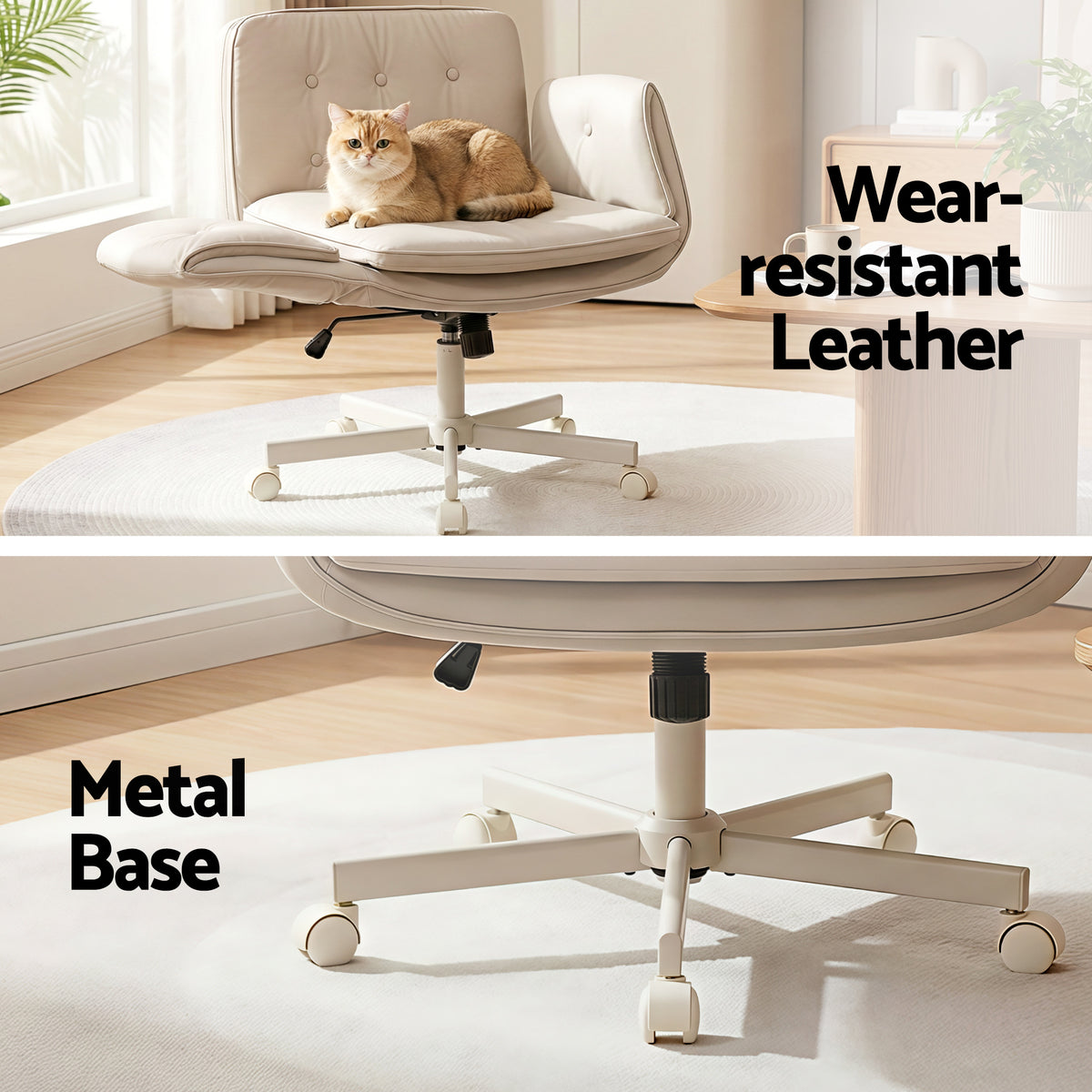 Cross-Legged Desk Chair | Wheels + Armrests | PU Leather | Swivel | Beige