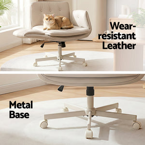 Cross-Legged Desk Chair | Wheels + Armrests | PU Leather | Swivel | Beige