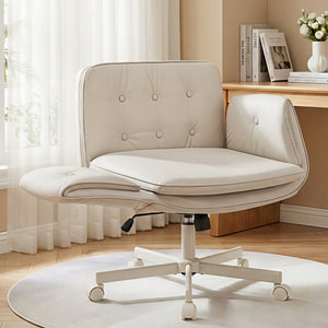 Cross-Legged Desk Chair | Wheels + Armrests | PU Leather | Swivel | Beige