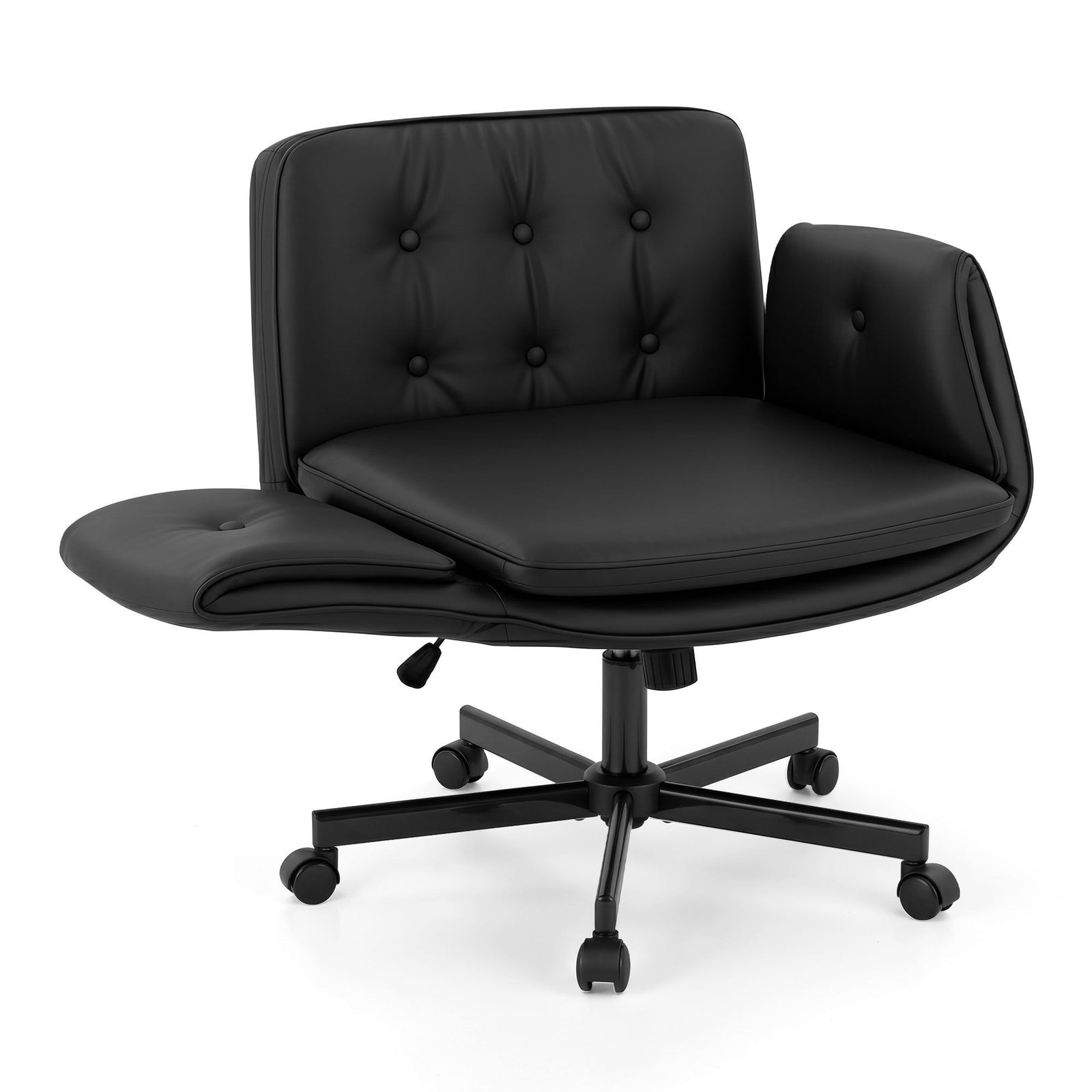 Cross Legged Office Chair | PU Leather Swivel Desk Chair with Wheels | Black