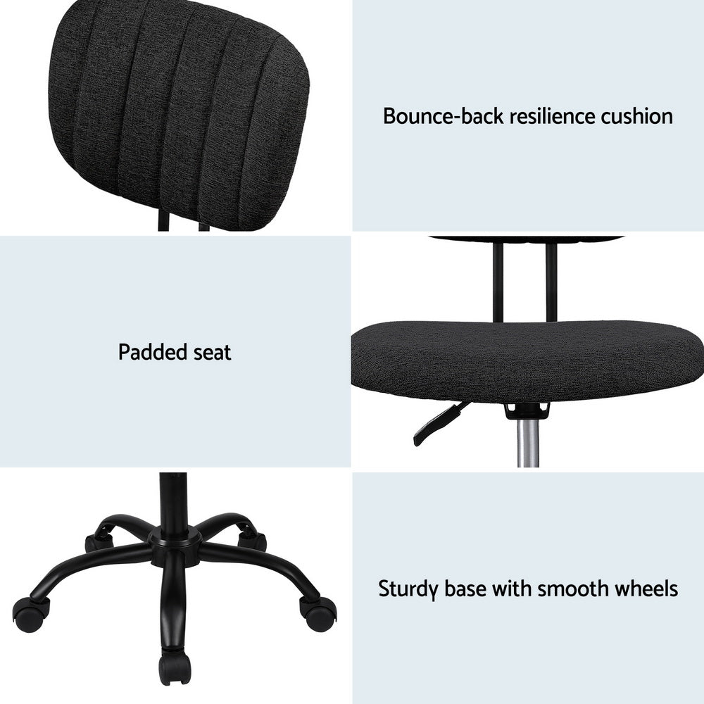 Armless Task Chair | Fabric Seat & Back | 360° Swivel | Height Adjustable | Black