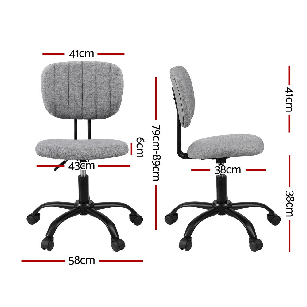 Armless Desk Chair | Fabric Seat & Back | Wheels | Height Adjustable | Grey