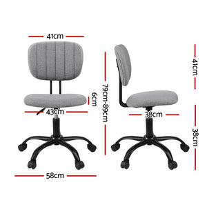 Armless Desk Chair | Fabric Seat & Back | Wheels | Height Adjustable | Grey