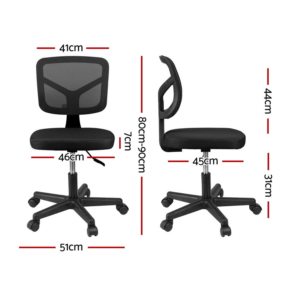 Armless Office Chair | Wheels | Ergonomic 360° Swivel | Height Adjustable | Black