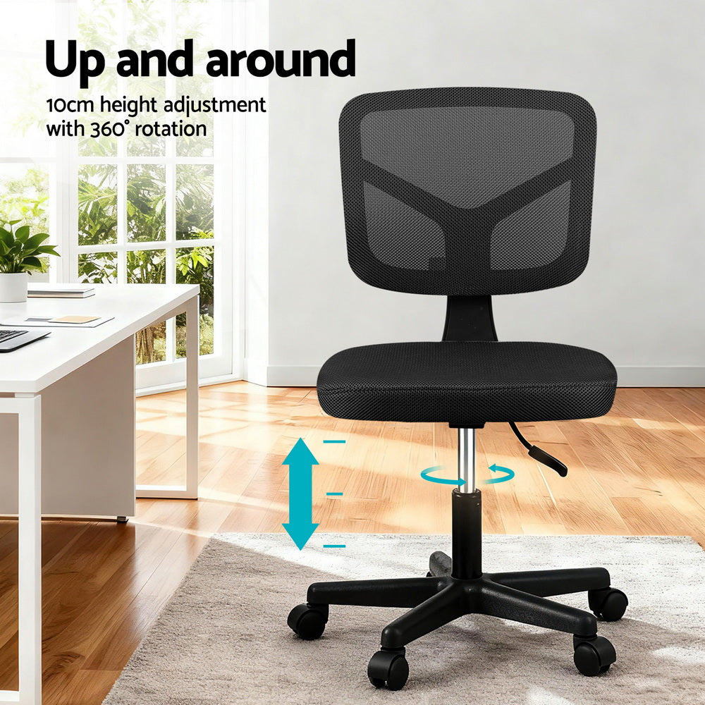 Armless Office Chair | Wheels | Ergonomic 360° Swivel | Height Adjustable | Black