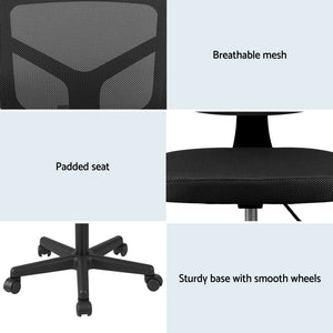 Armless Office Chair | Wheels | Ergonomic 360° Swivel | Height Adjustable | Black