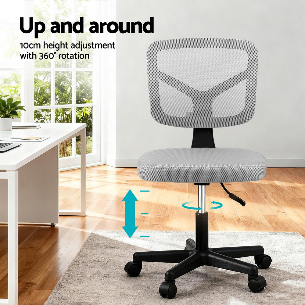 Armless Office Chair | Wheels | Ergonomic Swivel | Height Adjustable | Grey
